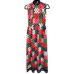 VTG Handmade Sleeveless Maxi Dress Polka Dot Patchwork Pattern High Neck SMALL